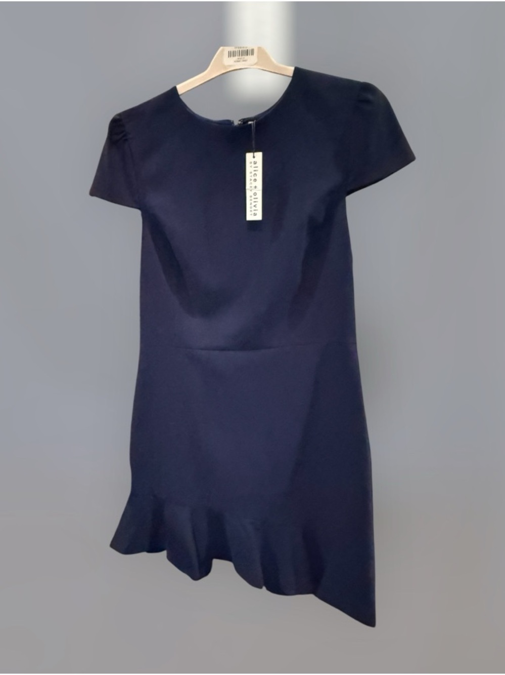 NWT Alice + Olivia Navy Blue Asymmetrical Ruffle Dress with Cap sleeves